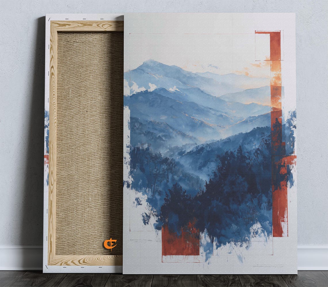 Rustic Misty Blue Mountain Layers Watercolor Abstract Art Print