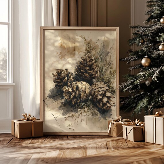 Pinecone Still Life Winter Christmas Botanical Rustic Wall Art