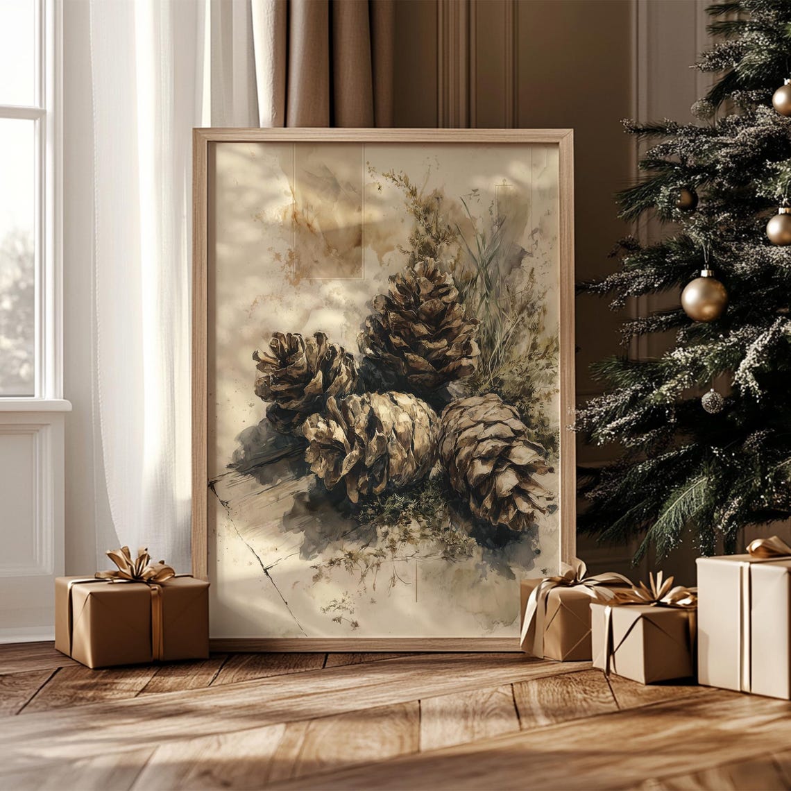 Pinecone Still Life Winter Christmas Botanical Rustic Wall Art