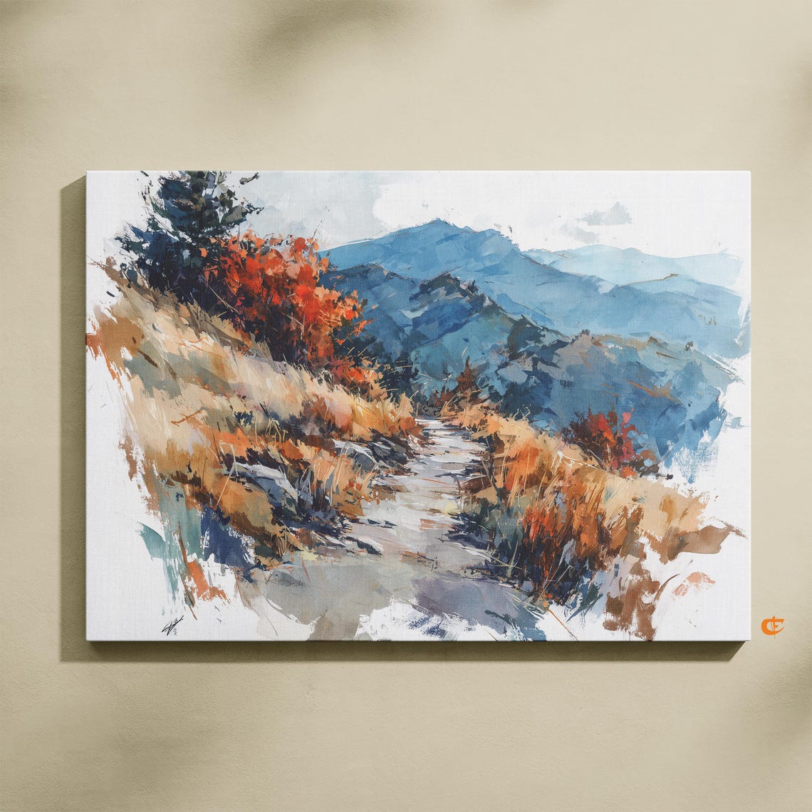 Rustic Autumn Hiking Trail Watercolor Fall Landscape Art Nature Path Decor Mountain Scene Wall 924