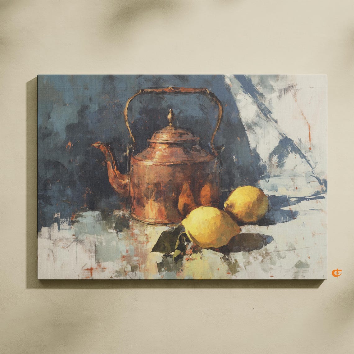 Weathered Copper Kettle Lemons Still Life Rustic Vintage Oil Poster