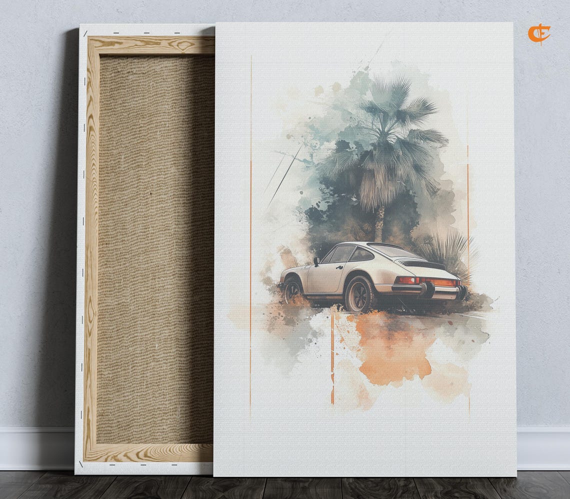 White Porsche 911 Classic Car Rear View Watercolor Art Poster