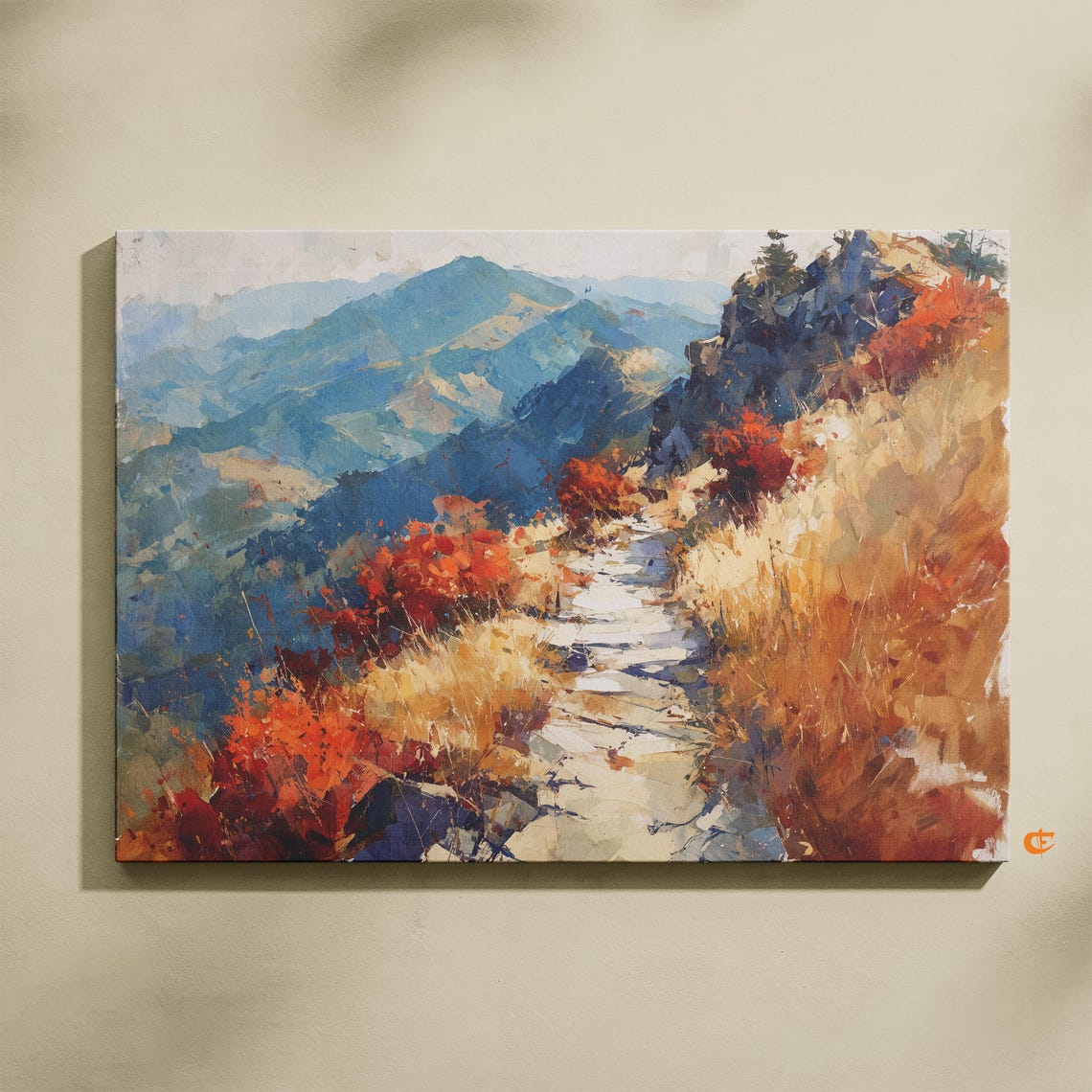 Vibrant Autumn Hiking Trail Watercolor Rustic Landscape Art Scenic Fall Path Mountain View Decor Nature Wall 926