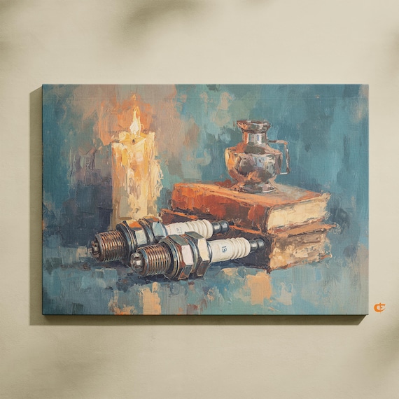 Vintage Still Life Oil Painting Books Candle Spark Plug Composition Rustic Wall Art Moody Home Decor 746