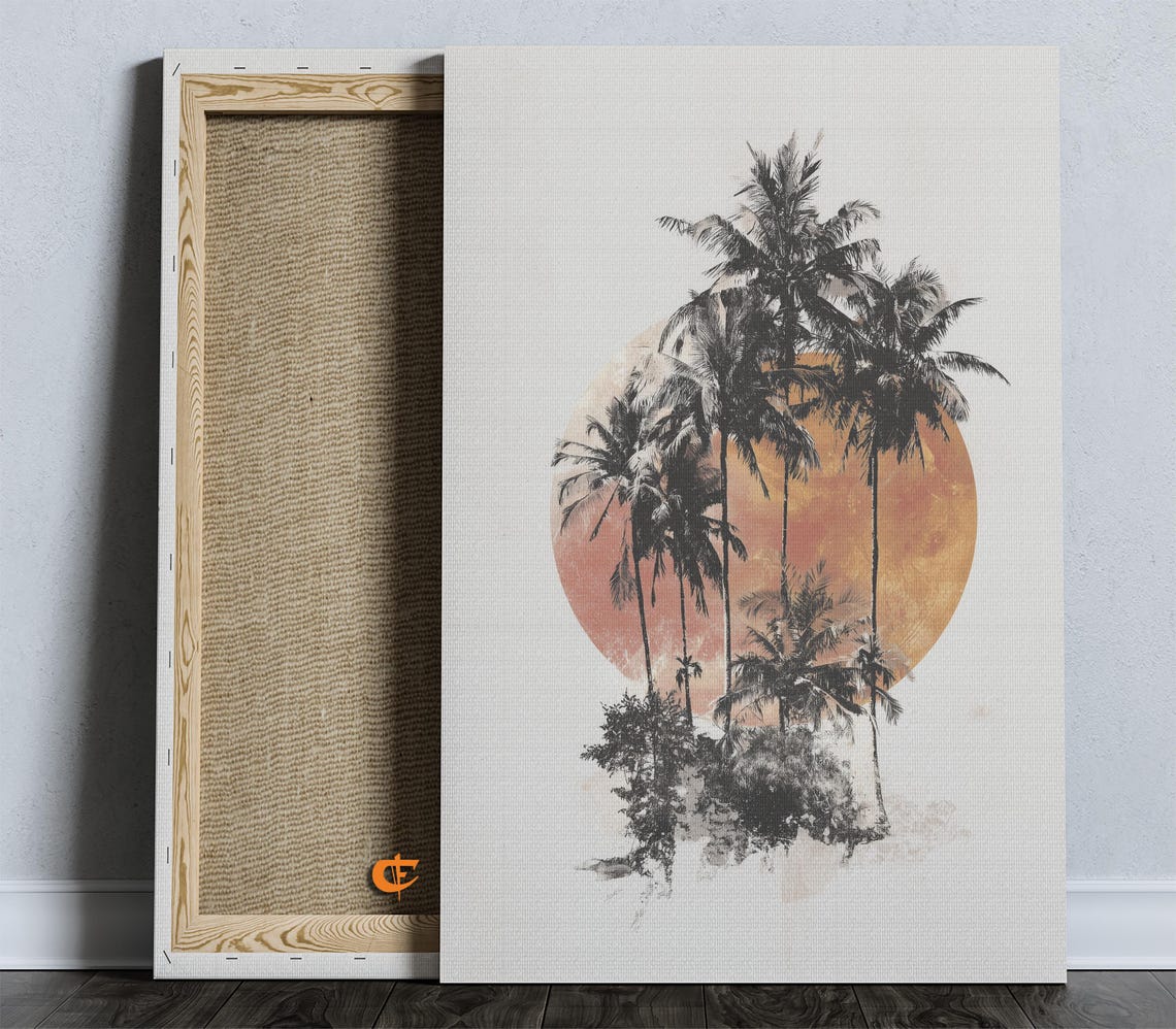 Palm Tree Silhouette Against Sunset Circle Minimalist Art Poster