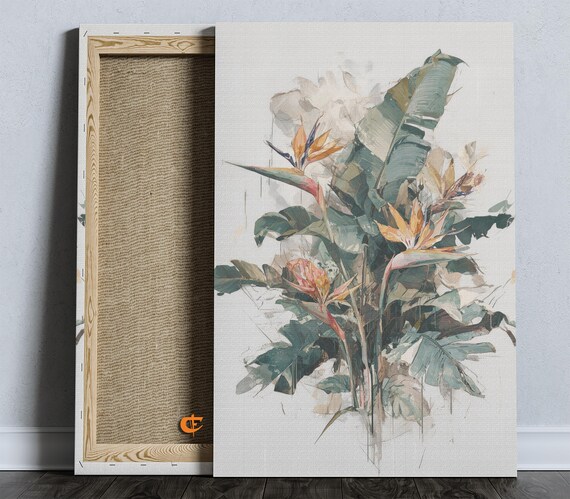 Bird of Paradise Bloom Soft Watercolor Tropical Leaves Wall Art