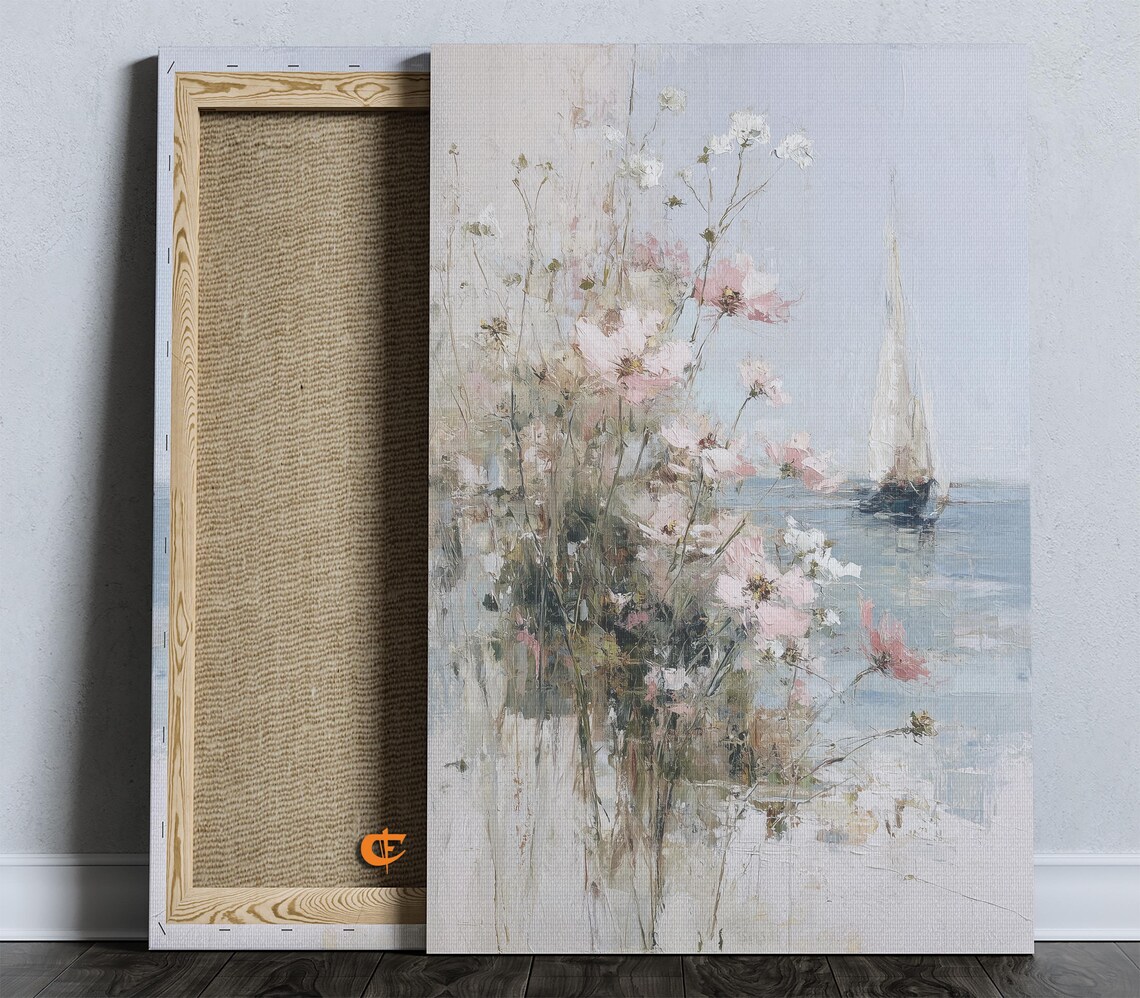 Soft Pastel Wildflowers And Sailboat Coastal Oil Painting Poster