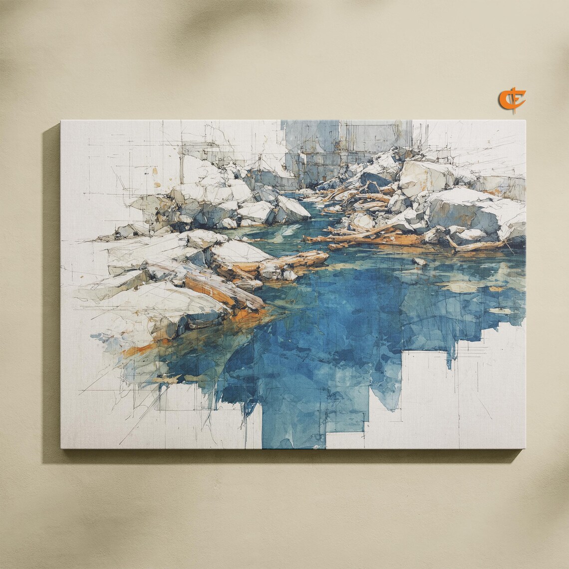 Tide Pool Sketch Minimalist Rocky Coastal Stream Blue Watercolor Poster