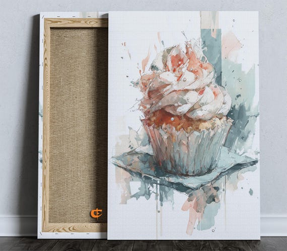 Watercolor Vanilla Cupcake Wall Art Rustic Kitchen Decor Baking Scene Blush Pink Frosting Painting Print 1116