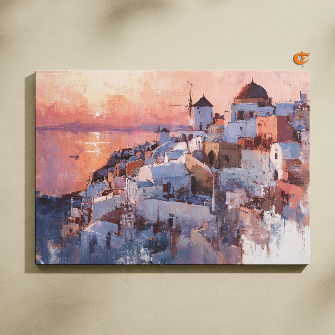 Santorini Sunset Windmill Whitewashed Coastal Village Pink Poster