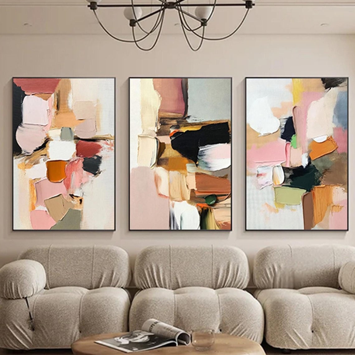 Three Piece Blush Orange Black Abstract Set Triptych Modern Wall Art