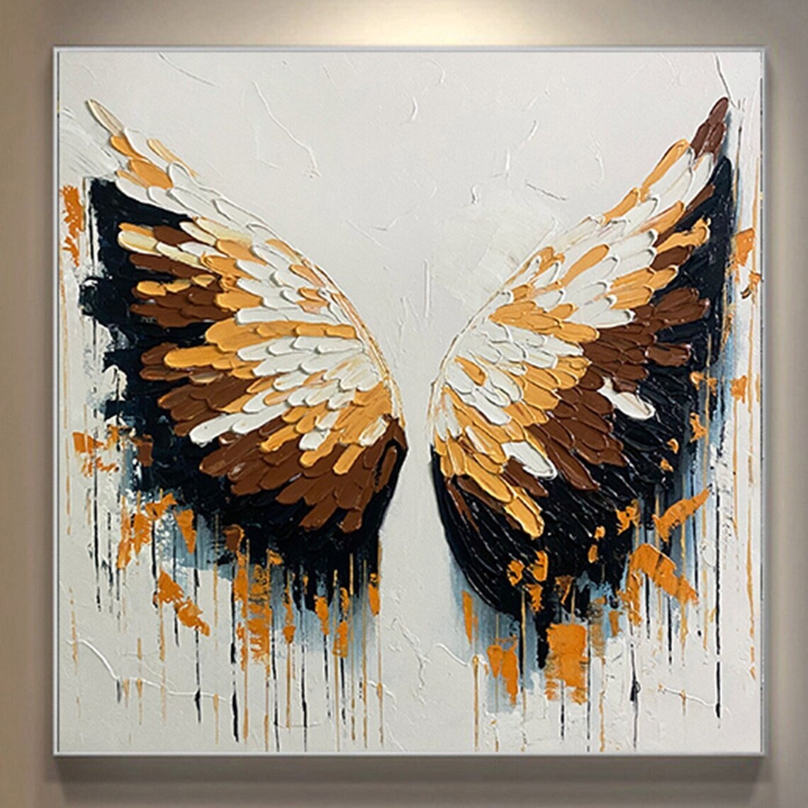 Golden Angel Wings 3D Textured Impasto Painting White Canvas Wall Art