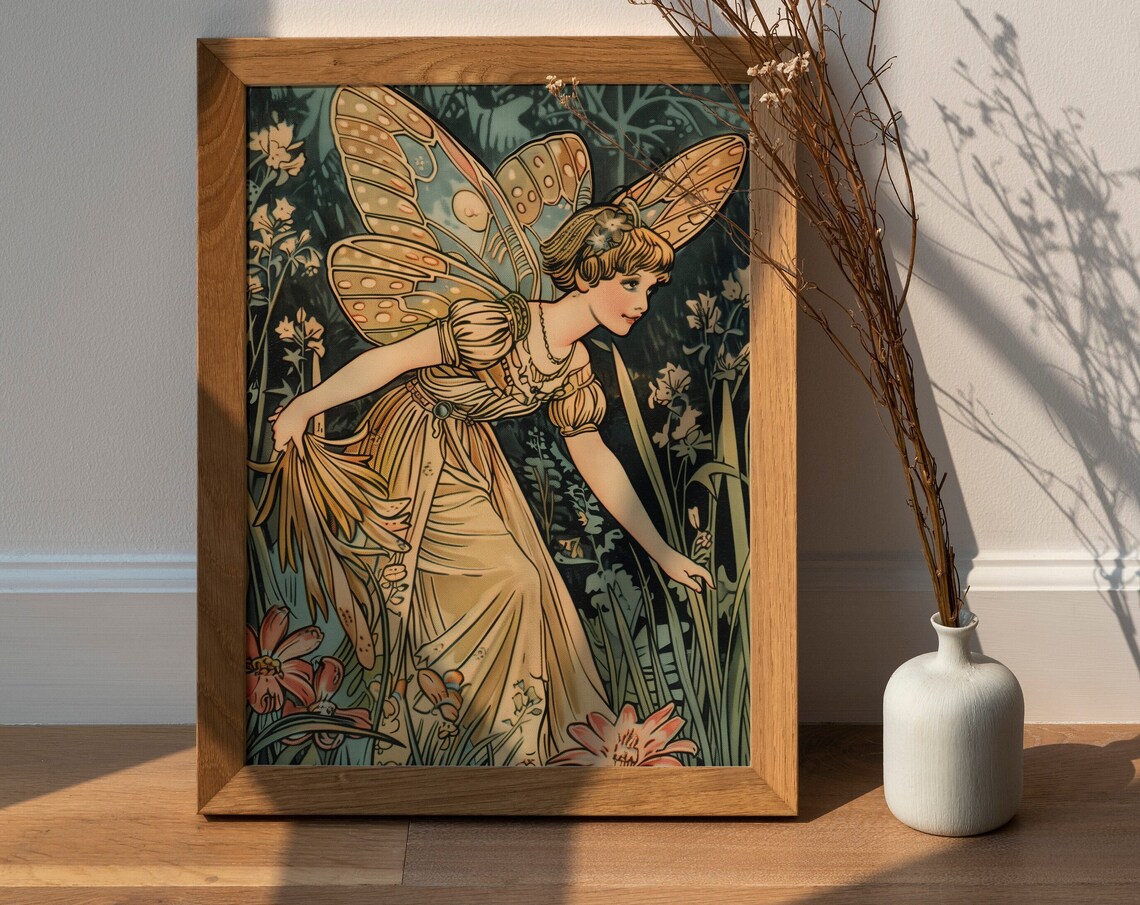 Gold Art Nouveau Fairy Among Flowers Vintage Storybook Poster - Image 3