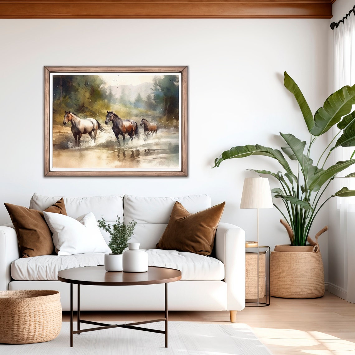 Three Wild Horses Running Through Water Watercolor Nature Poster - Image 2