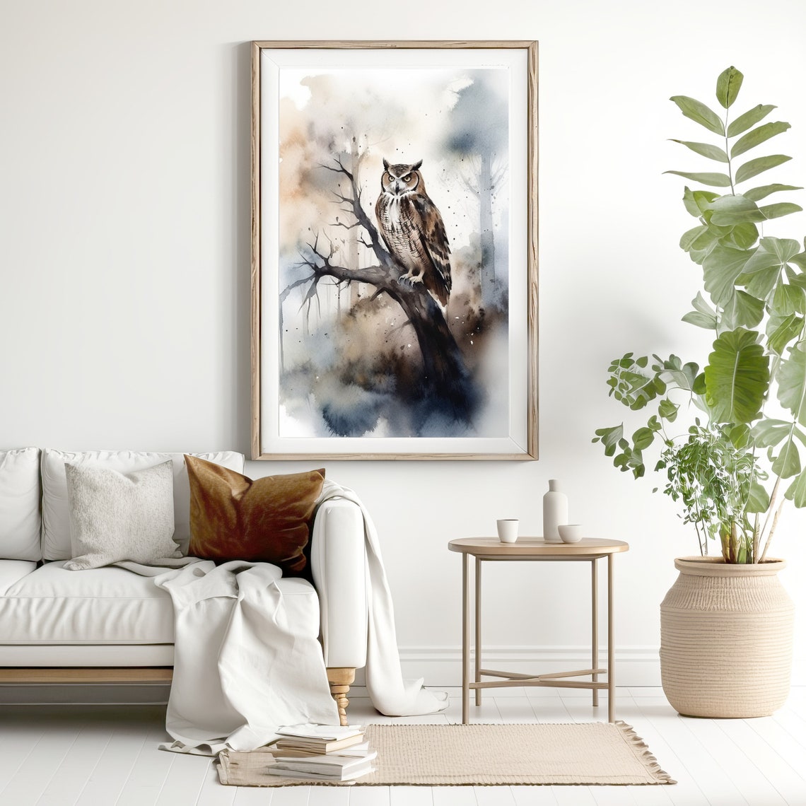 Great Horned Owl on a Branch Misty Watercolor Wildlife Poster - Image 2