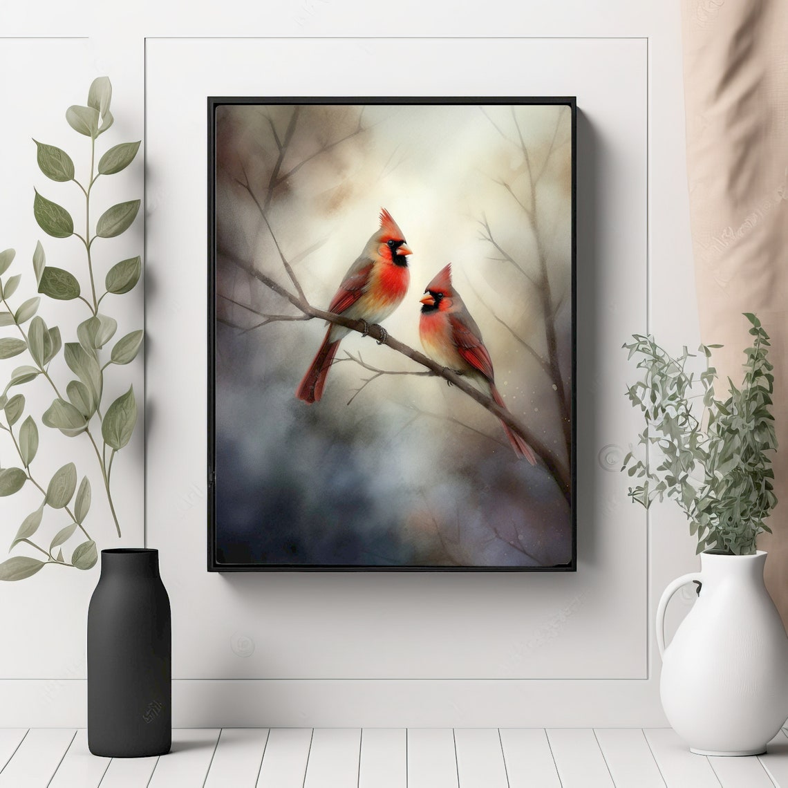 Pair of Red Cardinals on a Misty Branch Watercolor Bird Poster - Image 2