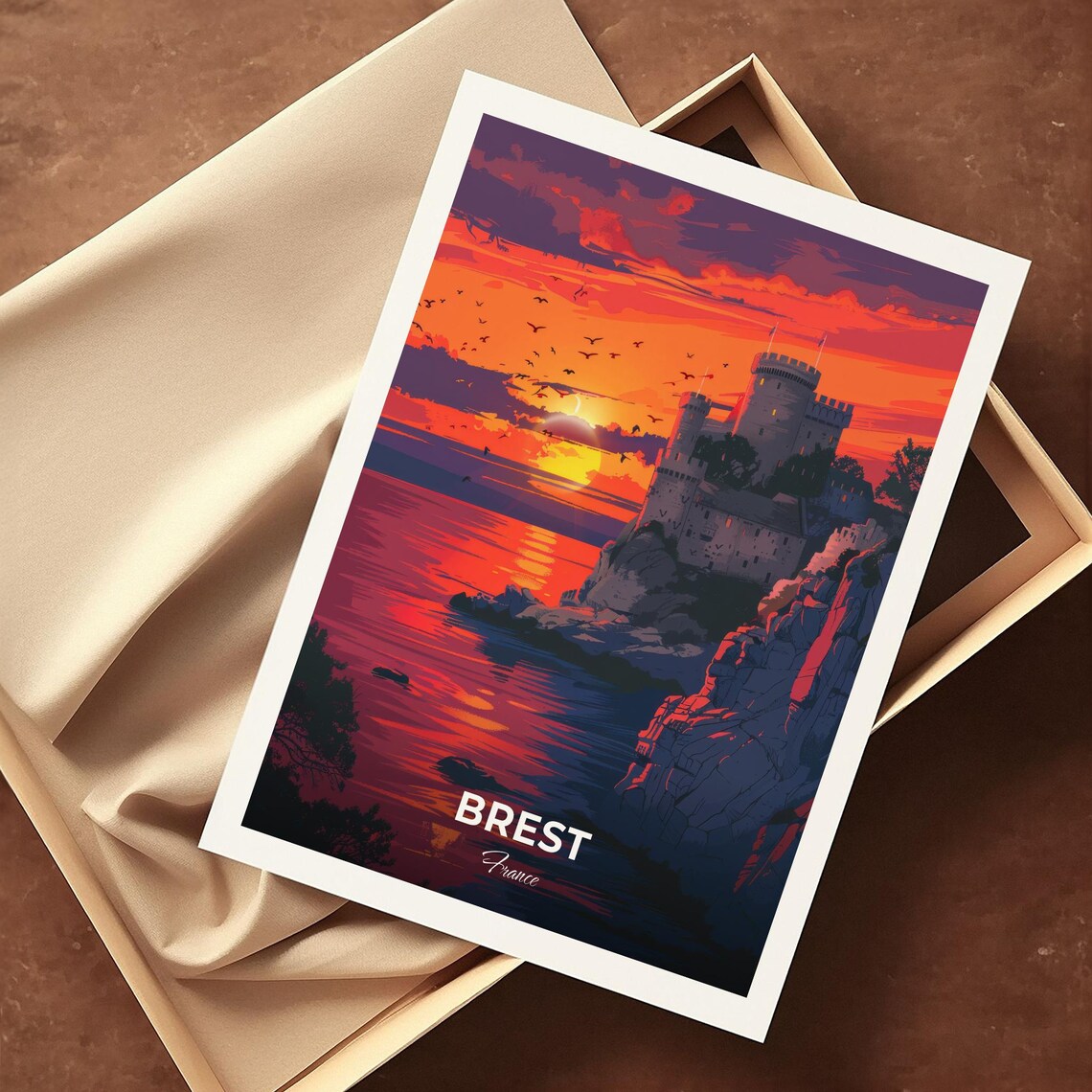 Brest France Cliffside Castle Dramatic Sunset Sea Travel Poster - Image 4