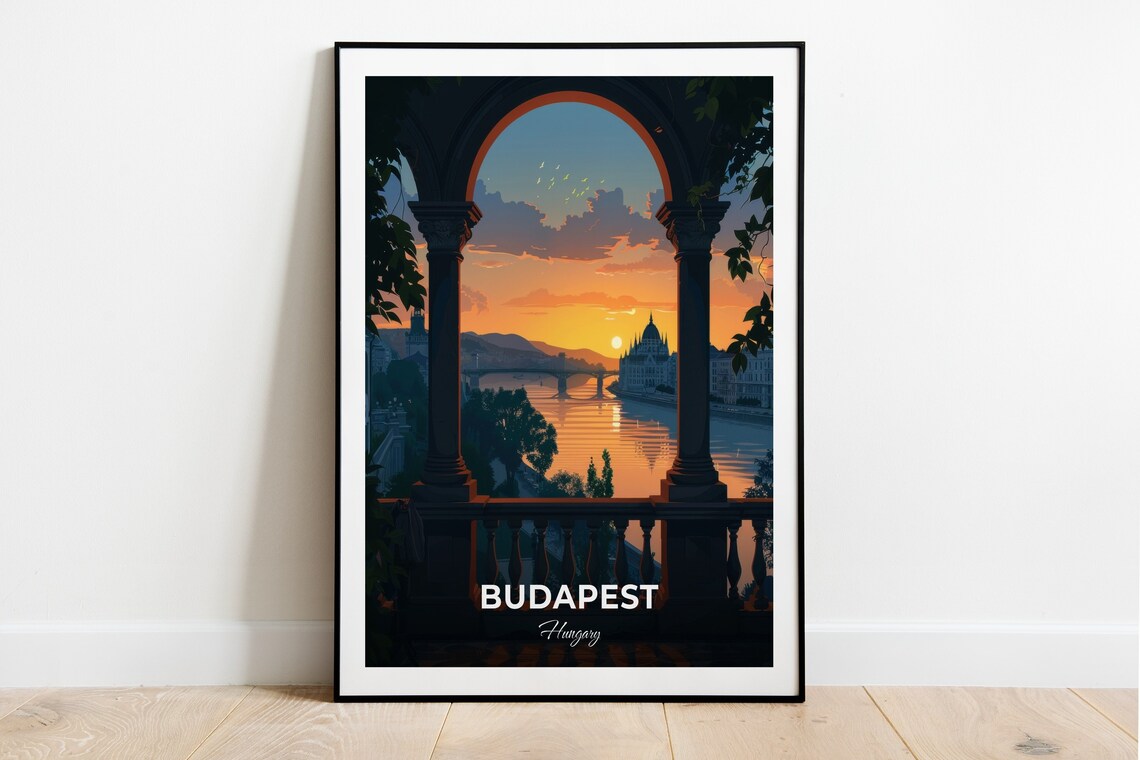 Budapest Hungary Parliament Sunset Arch Danube View Travel Poster