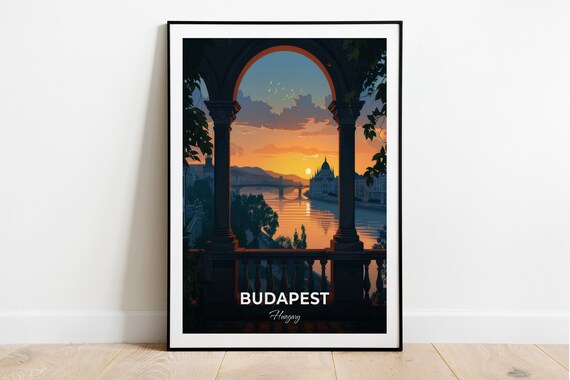 Budapest Hungary Parliament Sunset Arch Danube View Travel Poster