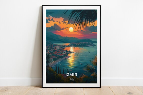 Izmir Bay At Sunset View From Above With Palm Trees Turkey Travel Poster