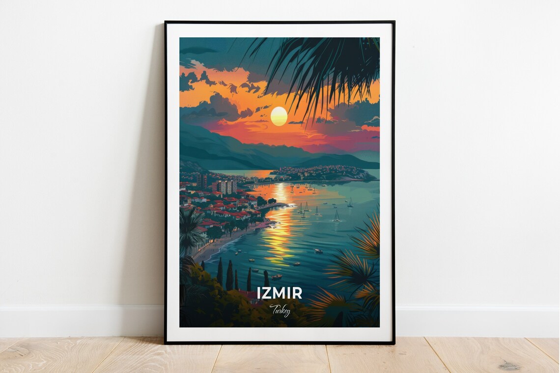 Izmir Bay At Sunset View From Above With Palm Trees Turkey Travel Poster