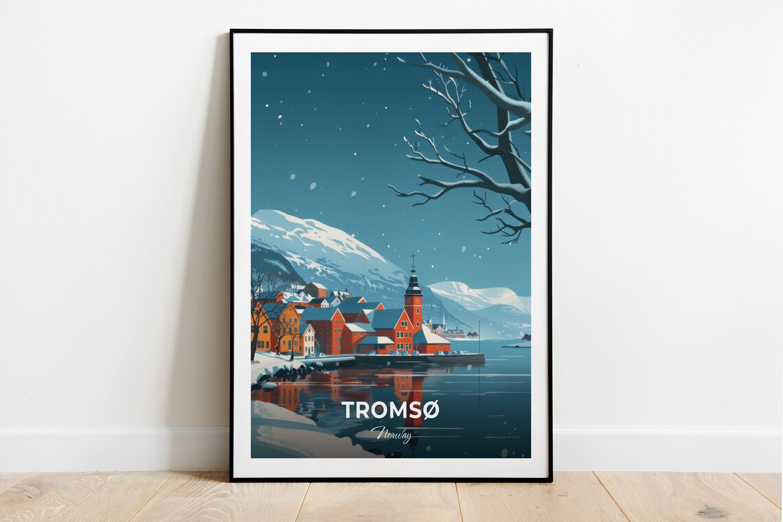 Tromso Norway Snowy Winter Harbor Colorful Houses Night Travel Poster