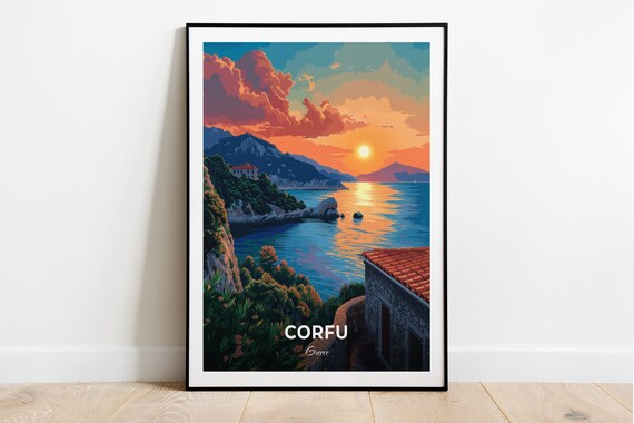 Corfu Greece Golden Sunset Over Rocky Coastline Sea Glow Poster