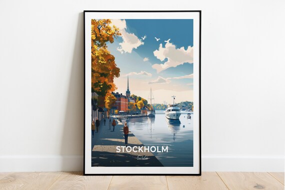 Stockholm Sweden Autumn Waterfront Boats Strollers Sunny Day Poster