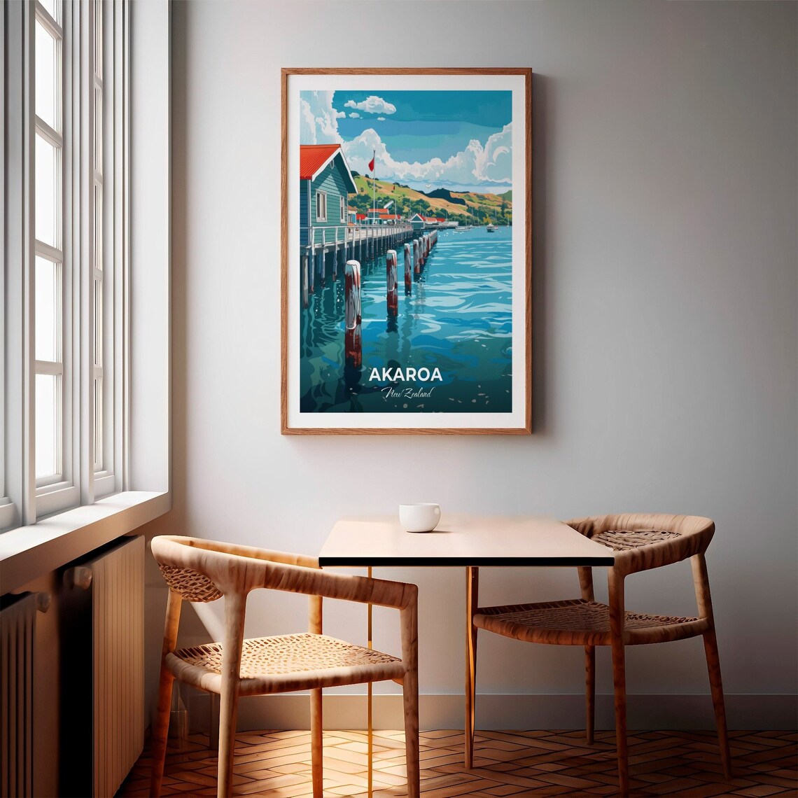 Akaroa New Zealand Wharf Colorful Bay Buildings Green Hills Poster - Image 2