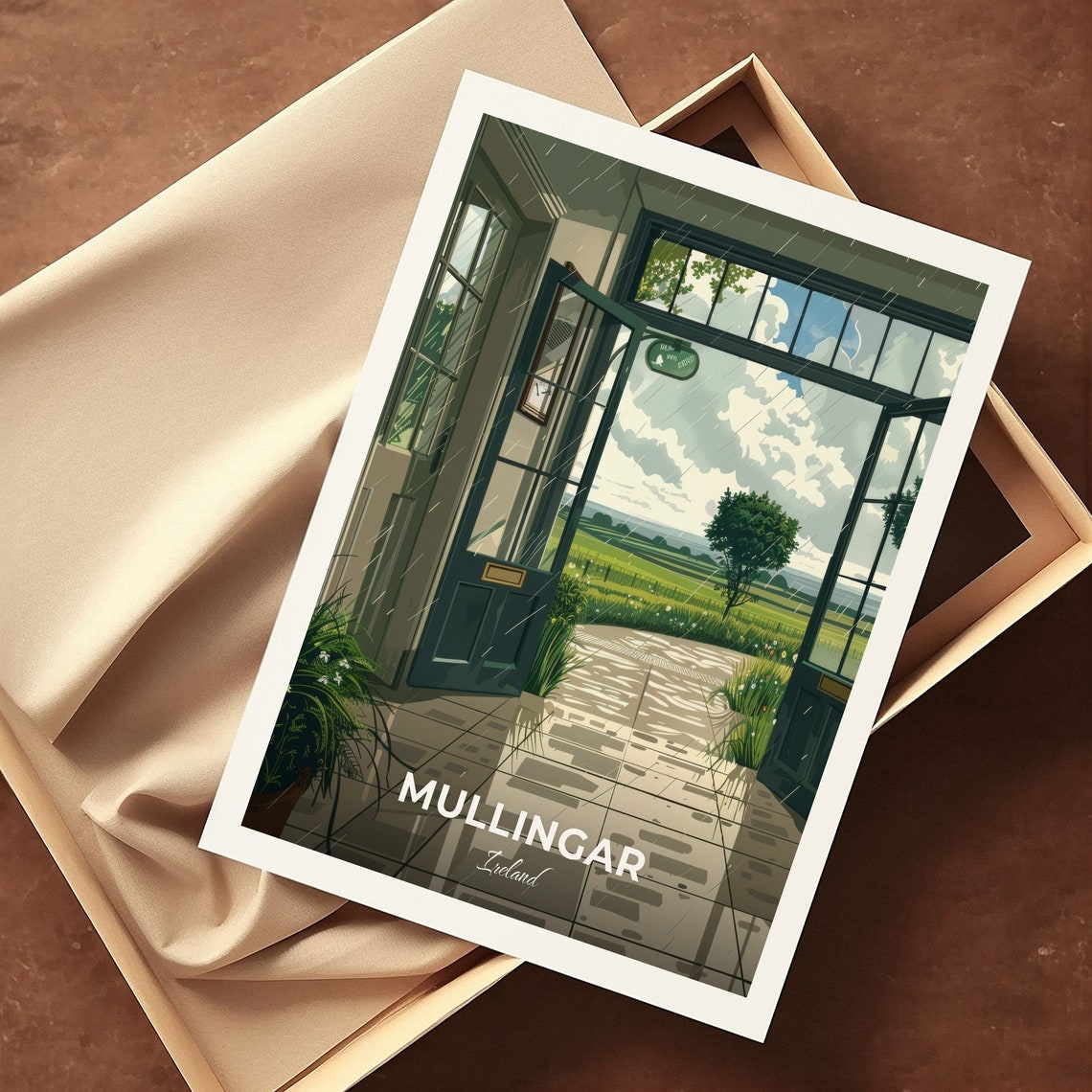 Mullingar Ireland Rainy Doorway Green Fields View Travel Poster - Image 3