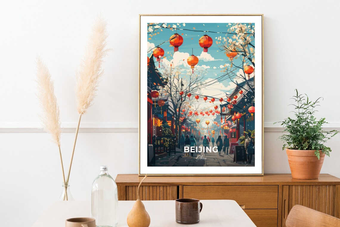 Beijing China Red Lantern Spring Street Blossom Travel Poster - Image 2