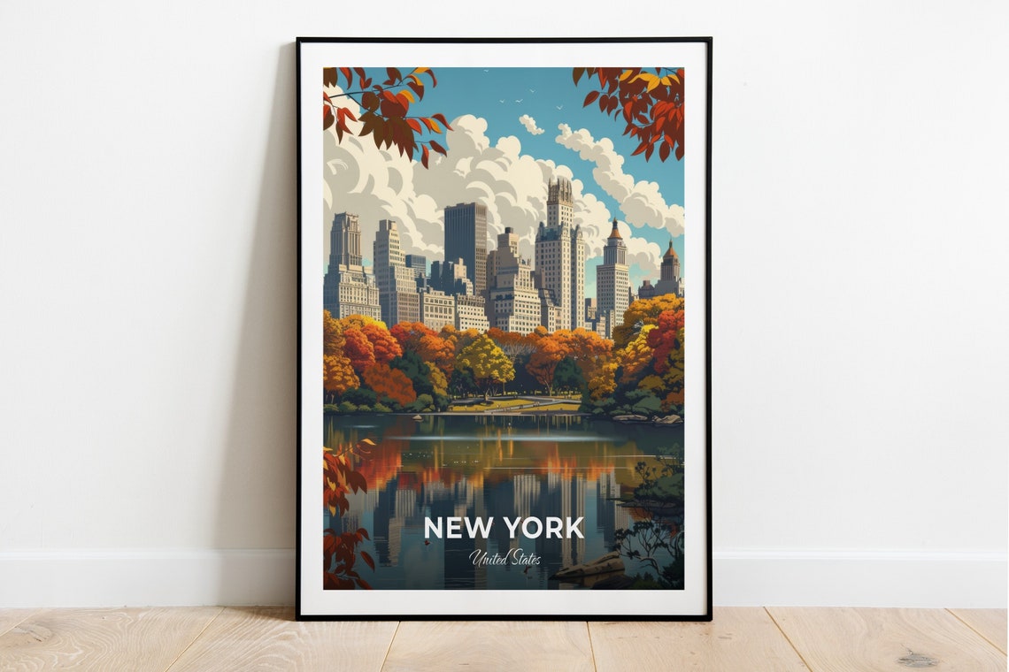 New York Central Park Autumn Skyline Reflection USA Travel Poster