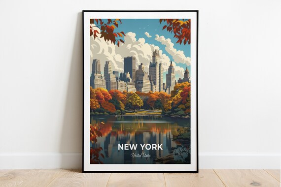 New York Central Park Autumn Skyline Reflection USA Travel Poster