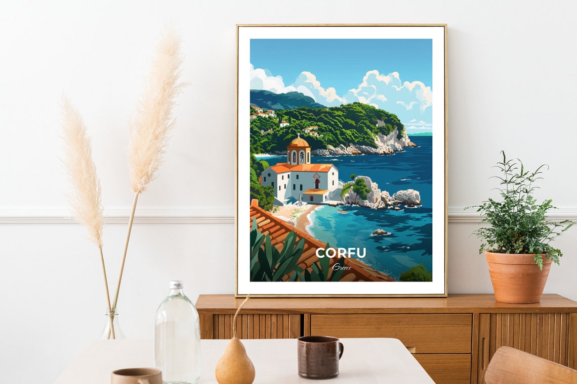 Corfu Greece Monastery Golden Dome Island Coast Travel Poster - Image 2