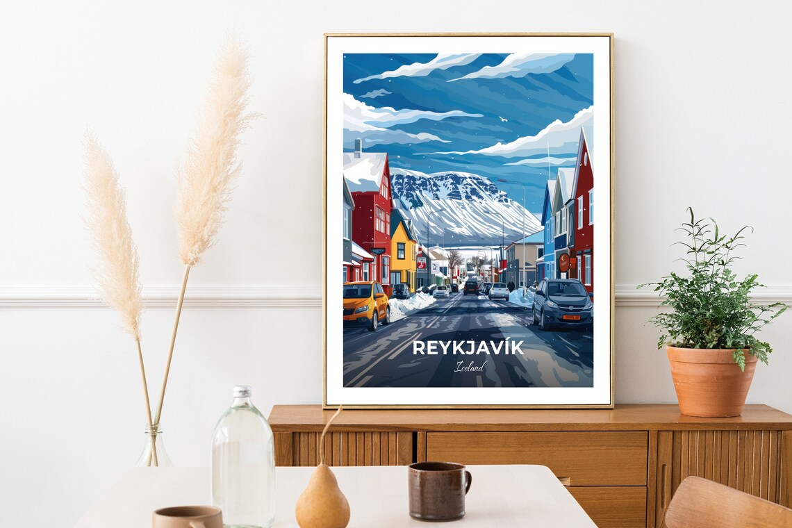 Reykjavik Winter Street Snowy Mountain Colorful Houses Travel Poster - Image 2