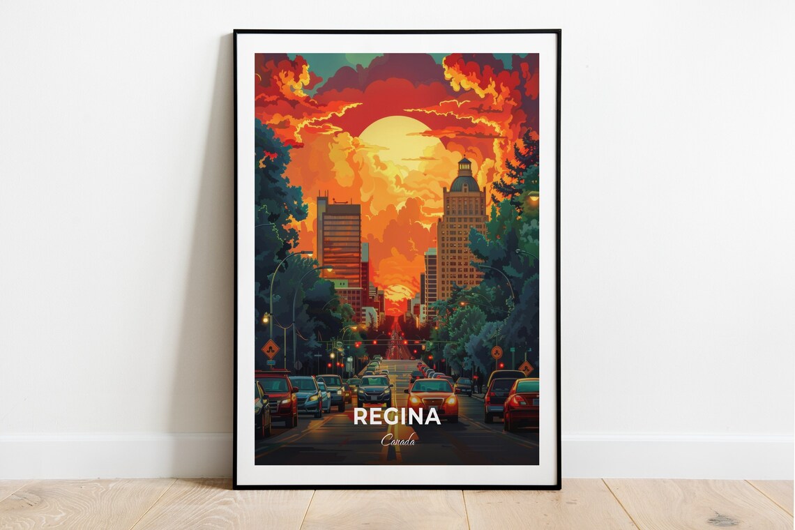 Regina Canada Downtown Street Golden Sunset Urban Travel Poster