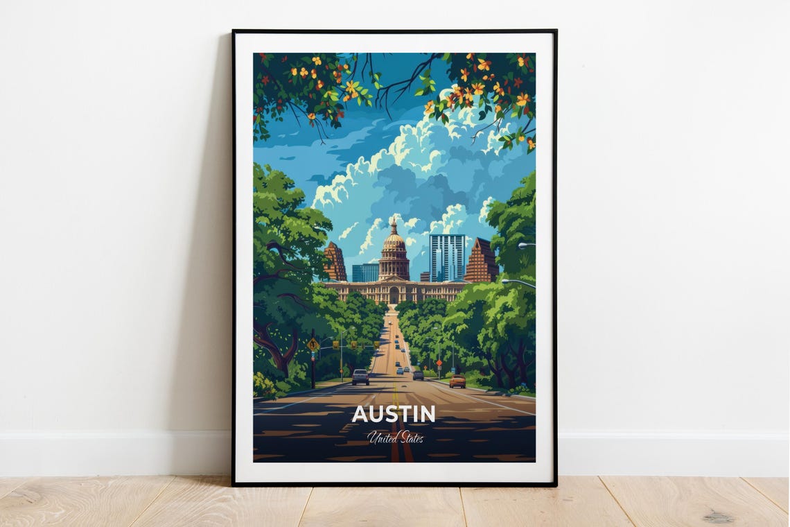 Austin Texas State Capitol Building Downtown Skyline Travel Poster