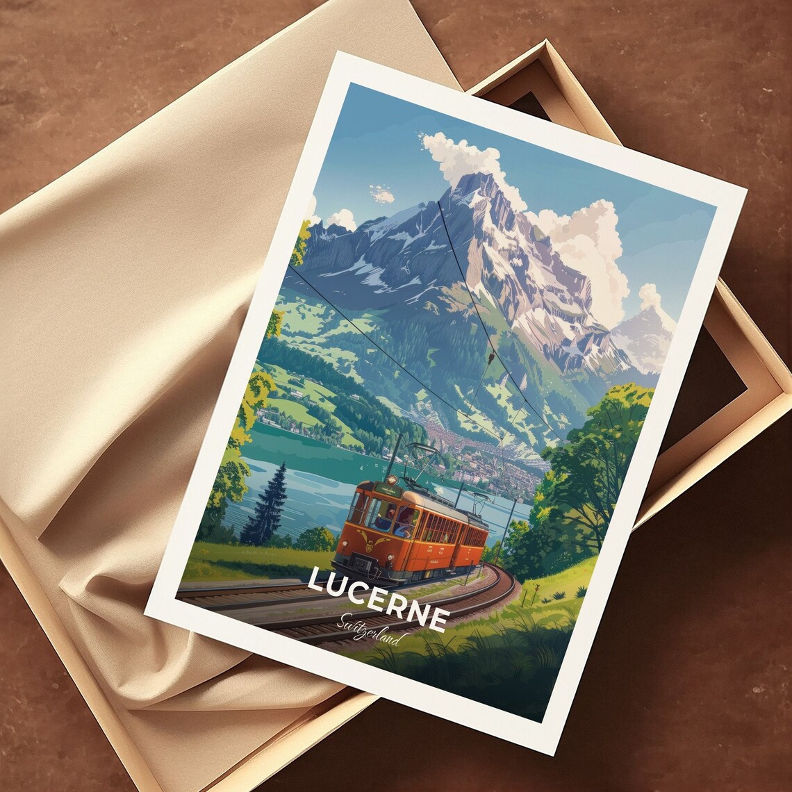 Lucerne Switzerland Mountain Railway Tram Lake Travel Poster - Image 3