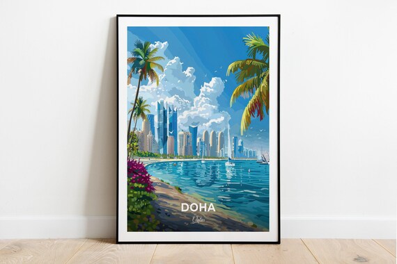 Doha Qatar Pearl Marina Skyline Palms Bay Sail Boat Sunny Poster
