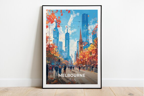 Melbourne Australia Federation Square Autumn City Street Travel Poster
