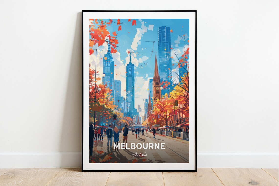Melbourne Australia Federation Square Autumn City Street Travel Poster