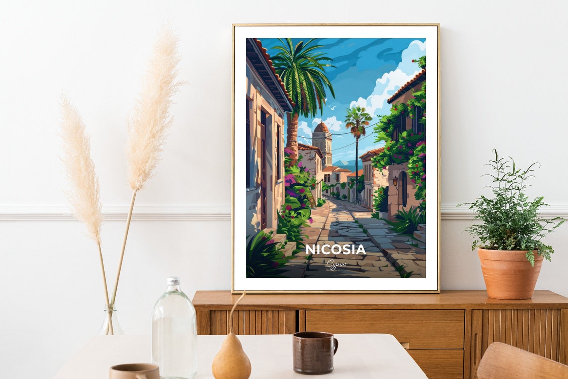 Nicosia Cyprus Old Town Cobblestone Street Palms Travel Poster - Image 2