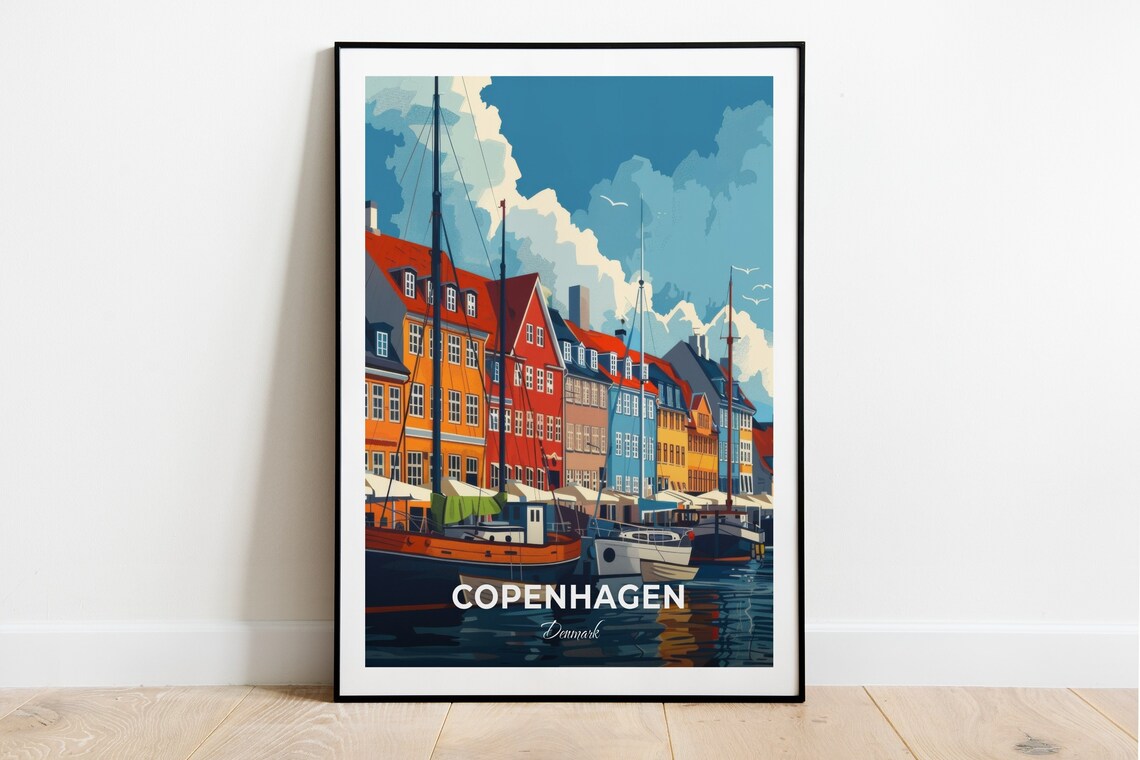 Copenhagen Denmark Nyhavn Colorful Houses Harbor Boats Travel Poster