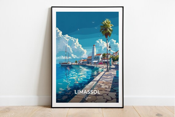 Limassol Cyprus Old Port Lighthouse Travel Poster Harbour Boats Art