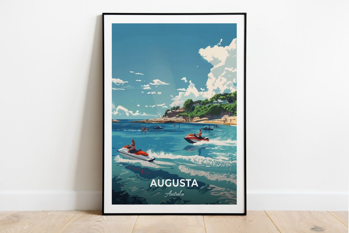 Augusta Jet Ski Racing Beach Headland Australia Vintage Travel Poster