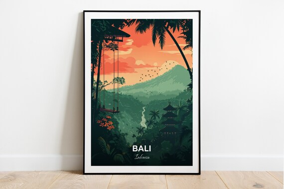 Bali Swing Jungle Sunset Over Valley Palm Temple Travel Poster