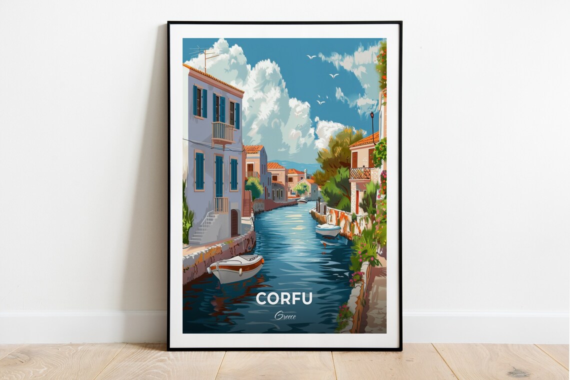 Corfu Greece Canal Village Boats Pastel Houses Travel Poster