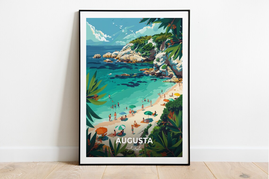 Augusta Rocky Cove Beach Umbrellas Turquoise Australia Vintage Travel Poster