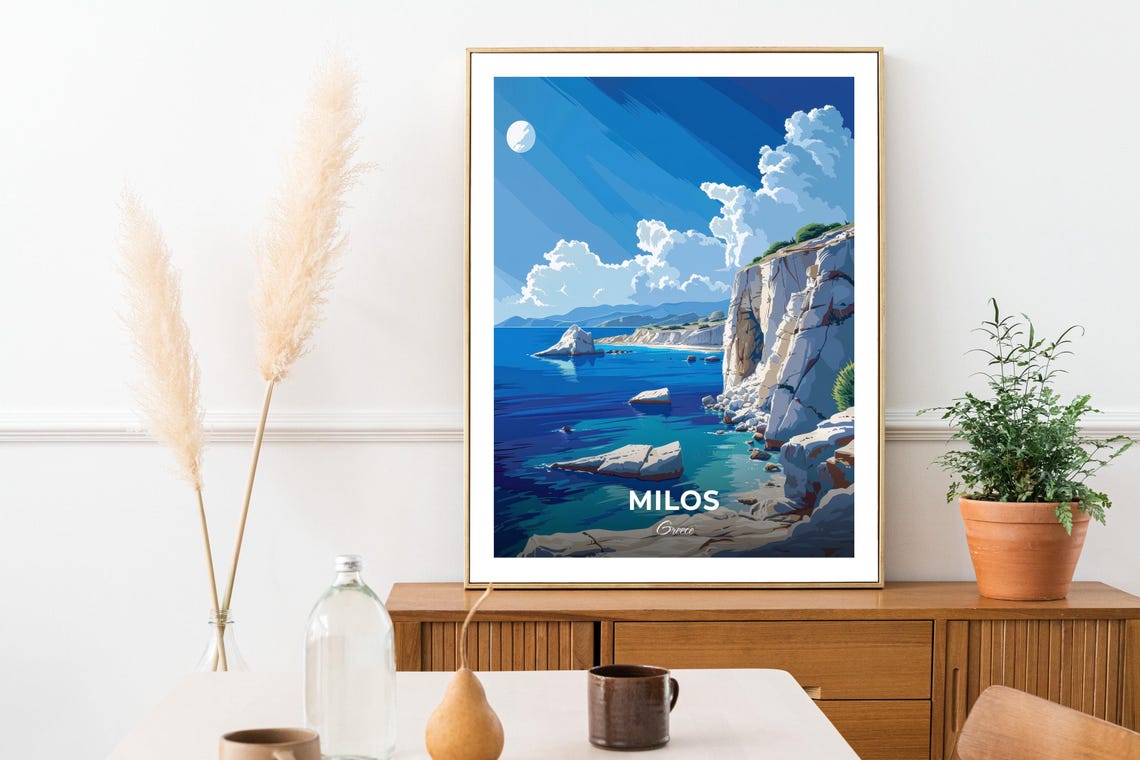 Milos Greece White Cliffs Turquoise Sea Moonlight Travel Poster - Image 3