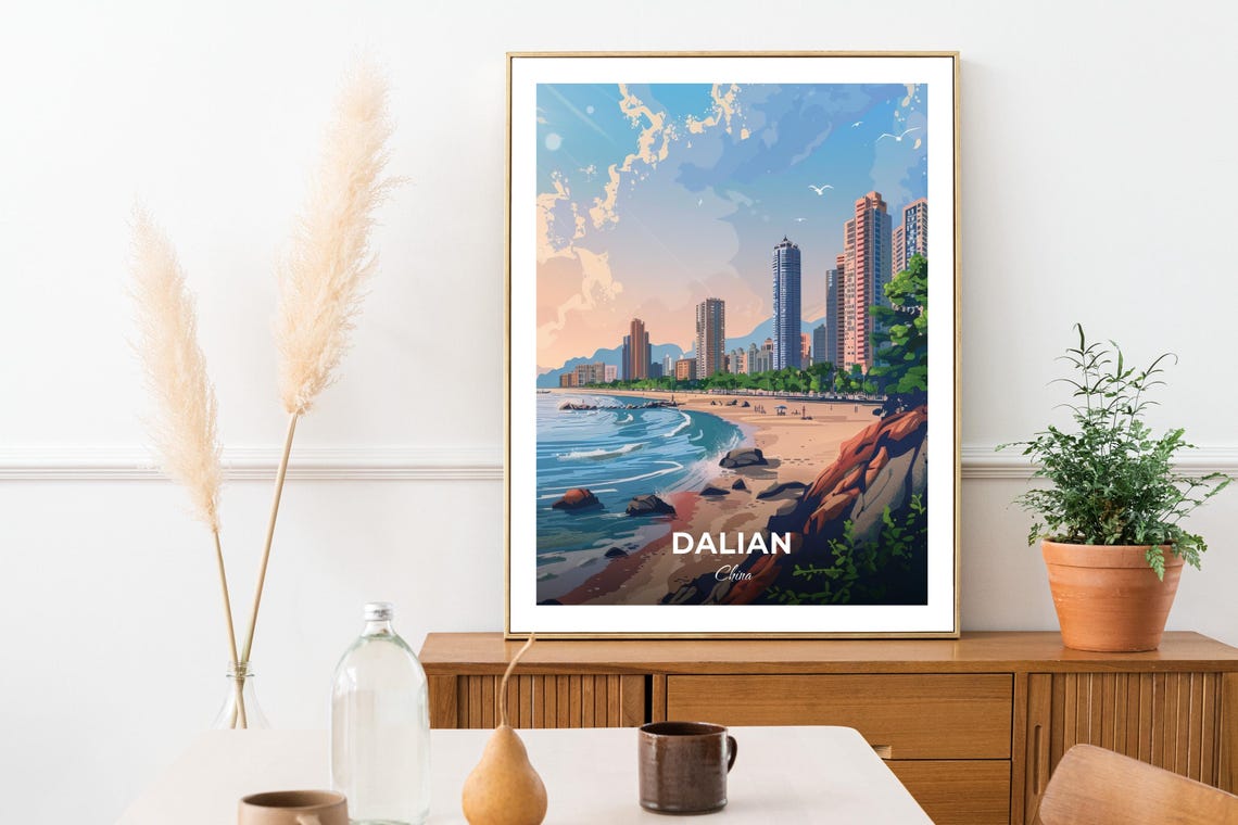 Dalian China Sunny Beach Skyline Towers Blue Wave Art Poster - Image 3